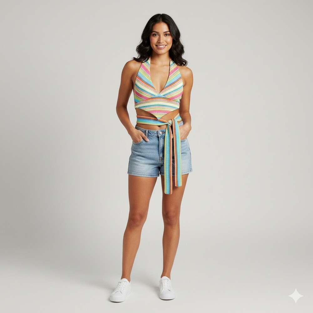 Kendall & Kylie  Striped Halter Top Wrap Tie XS Knitwear Boho Festival Y2K‎